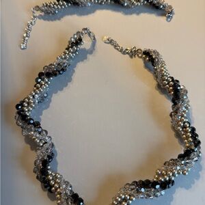 Elegant Swarovski Silver and Black Crystal Choker Necklace and Bracelet Set